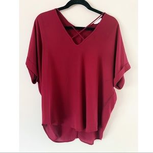 Lush Short Sleeve Burgundy Silky Blouse Medium